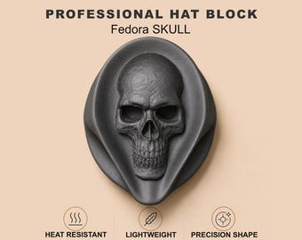 May include: A black Fedora Skull hat block with the text "PROFESSIONAL HAT BLOCK Fedora SKULL". The hat block is heat resistant, lightweight, and designed for precision shaping. The text "PROFESSIONAL TOOLS FOR MODERN HATMAKERS" is also included.