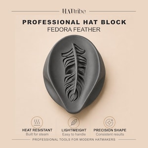 3D Printed Fedora Hat Block – Feather Relief, Sizes 52–66