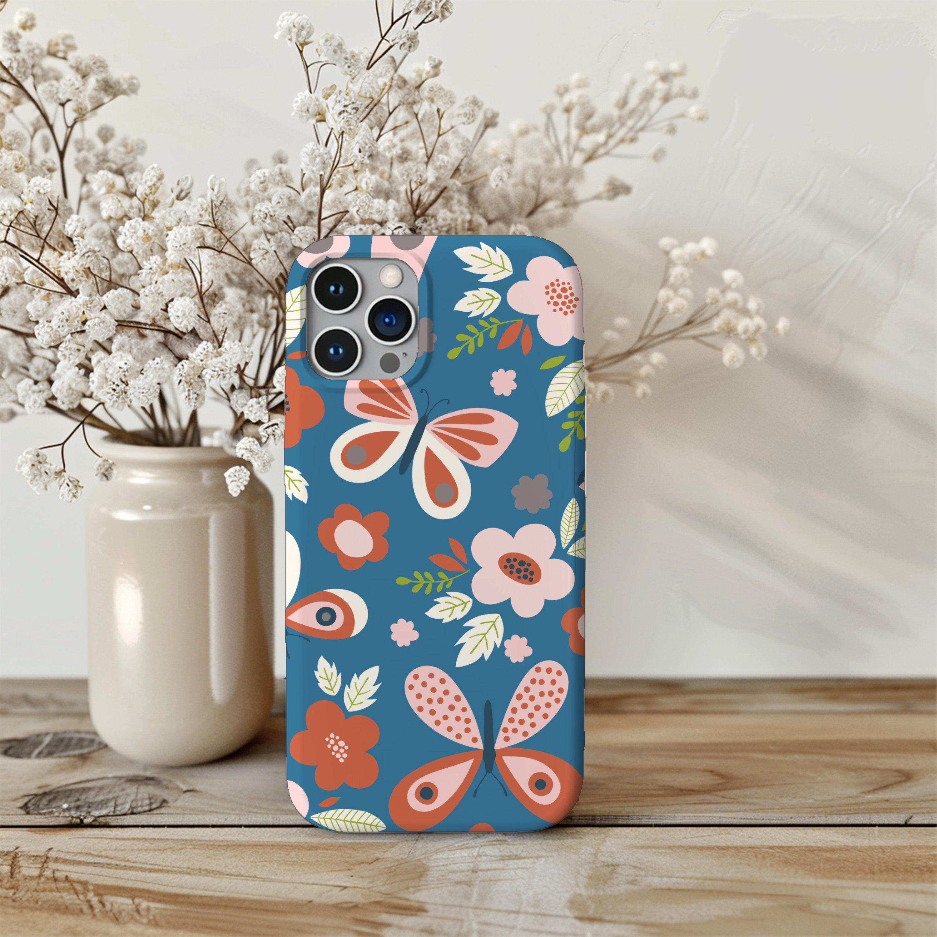 Blue Butterfly and Flower Phone Case, Butterfly Phone Case, Flower