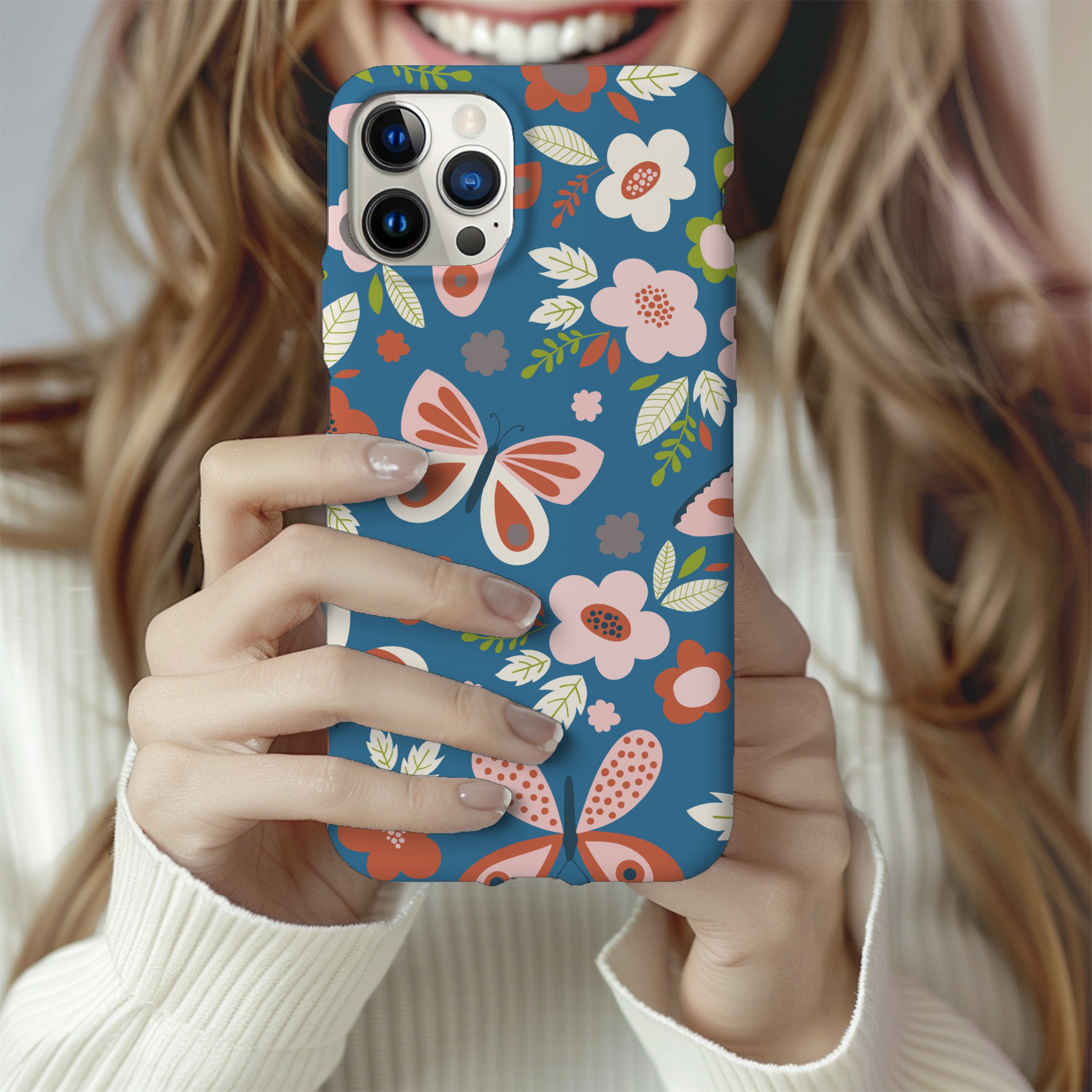 Blue Butterfly and Flower Phone Case, Butterfly Phone Case, Flower