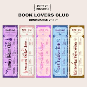 May include: Set of five bookmarks, each 2 x 7 inches, featuring a ticket design for different book clubs. The bookmarks have a vintage aesthetic with text like "Fantasy Realm Club" and "Sci-Fi Explorers Guild."