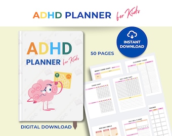 May include: ADHD planner for kids with a pink brain graphic. The cover reads "ADHD PLANNER for Kids" in orange, blue, and pink. Includes 50 pages and is available as an instant digital download.