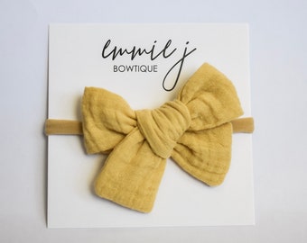 Large Pinwheel Bow, Pinwheel Bow, Mustard Yellow Bow, Gauze Bow, Baby Headband, Bow, Bow Headband, Hair Bow