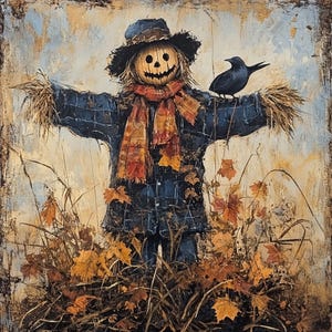 May include: An autumn-themed painting of a scarecrow with a carved pumpkin head, wearing a plaid shirt, scarf, and hat. A black crow perches on its arm. The scarecrow stands in a field of dry grass and fallen leaves, with a textured, rustic background.