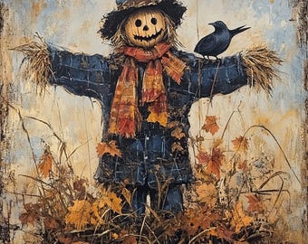 Happy Scarecrow Fall Sign, 10x10 Aluminum Autumn Wall Art, Rustic Halloween Crow Decor, Farmhouse Pumpkin Patch Sign, Harvest Accent
