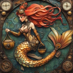 May include: A steampunk-style mermaid illustration. The mermaid has flowing red hair, a golden tail, and wears a corset and goggles. She holds two golden containers. The background is a teal-colored, circular design with clockwork elements.