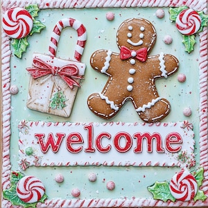 Gingerbread Welcome Sign, Christmas Candy Door Decor, 10x10 Aluminum Sign, Holiday Front Porch Sign, Gingerbread House Wall Art
