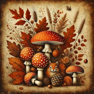 Letrero de otoño con ardilla y hongo, arte de pared de metal de 10 x 10 cm, decoración rústica de aluminio con diseño de bosque, letrero de hongo para el hogar.