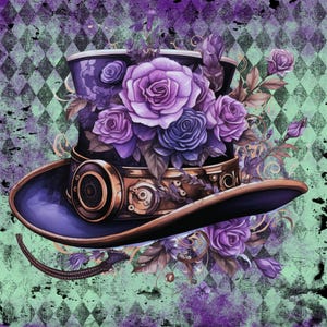 May include: A purple and gold steampunk top hat with a brim and a gear design. The hat is adorned with purple roses and other flowers.