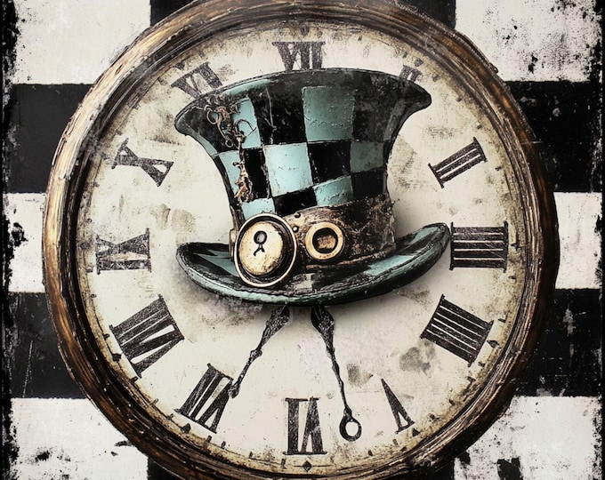Steampunk Checkered Hat Wall Clock Sign – Vintage Gothic Decor, Industrial Fantasy Metal Art, Victorian Gear Aesthetic, Distressed Wall Art