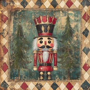May include: A vintage-style painting of a Christmas nutcracker soldier. The nutcracker is red and gold with a black hat and white beard, standing between two green Christmas trees. The background is teal, framed with a diamond pattern.