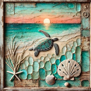 May include: A framed artwork depicting a sea turtle swimming in turquoise water with a sunset in the background. The artwork is made of textured paint and mosaic tiles, creating a 3D effect. The turtle is green and brown with a shell made of mosaic tiles. The sunset is a soft orange and pink. The artwork is framed in a rustic wooden frame.