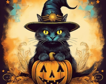 May include: A black cat wearing a witch's hat holds a carved orange pumpkin with a toothy grin. The cat has yellow eyes and is surrounded by fall foliage.