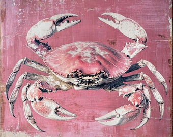 Coastal Crab Wall Art, Pink Rustic Metal Sign, Beach House Decor (10x10)