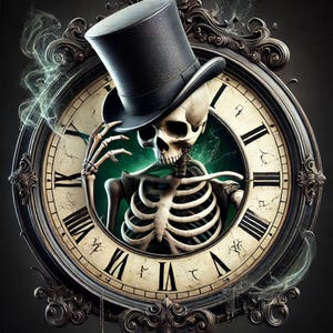 May include: A digital illustration of a skeleton wearing a black top hat, positioned inside a vintage clock. The clock face features Roman numerals and a distressed, aged appearance. Wisps of green and white smoke surround the skeleton and clock.