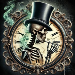 May include: A digital illustration of a skeleton wearing a black top hat, positioned in front of a vintage clock. The clock face features Roman numerals and is encased in an ornate, dark frame. Wisps of green smoke emanate from behind the skeleton.