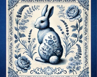 Vintage Rabbit Aluminum Sign - Blue and White Floral Wall Decor, Easter Bunny Home Art, Cottagecore Animal Sign