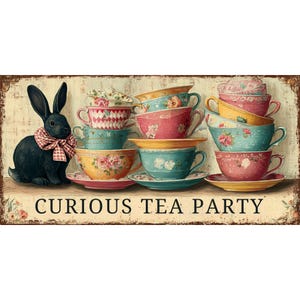 May include: A decorative sign featuring a black rabbit wearing a checkered bow tie, alongside stacks of vintage teacups in various colors. The sign reads "CURIOUS TEA PARTY" in white letters on a distressed background.