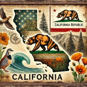 California State Metal Wall Art – Vintage California Republic Sign – Bear and Poppy Aluminum Print – Rustic Golden State Decor – West Coast