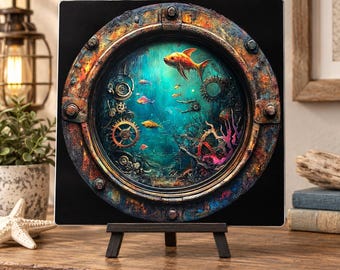 Steampunk Ocean Porthole Wall Decor, Underwater Goldfish Aluminum Sign, Nautical Bathroom Decor, Industrial Coastal Art, Diver Gift