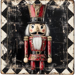 May include: A vintage-style wooden nutcracker with a red and gold uniform, a black hat, and a white beard. The nutcracker is standing on a black and white checkered background.