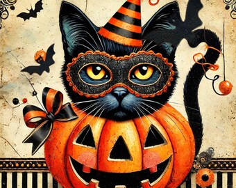 May include: A vintage-style Halloween illustration features a black cat wearing a party hat and masquerade mask, sitting inside a carved orange pumpkin. Bats and a decorative bow add to the festive design. The artwork has a distressed, aged appearance.