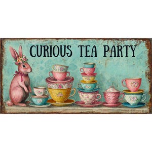 May include: A whimsical sign with the text "CURIOUS TEA PARTY" features a pink rabbit with a floral crown and a collection of stacked teacups. The teacups are in various colors and floral patterns, set against a distressed turquoise background.