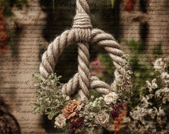 Rustic Peace Sign Wreath Aluminum Wall Art – Boho Rope Floral Sign for Home Decor, 10x10 Metal Wall Hanging, Western Country Style