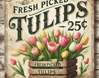 Vintage-Style Tulip Aluminum Sign - Fresh Picked Tulips Rustic Wall Decor for Farmhouse & Garden, Farmhouse Spring Sign, Floral Home Art