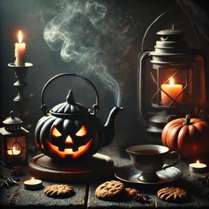 May include: A black ceramic teapot shaped like a jack-o'-lantern with a spooky face, steaming with a dark liquid. The teapot is sitting on a wooden table with a cup of tea, cookies, and a lit candle.
