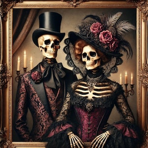 Victorian Skeleton Couple Metal Sign, Gothic Wall Art, Dark Romance Decor, Vintage Skull Portrait, Halloween Gothic Home Decor