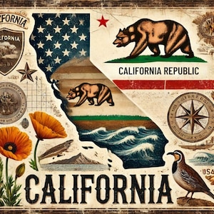 California State Metal Wall Art – Vintage California Republic Sign – Rustic Golden State Aluminum Print – Bear and Poppy Wall Decor
