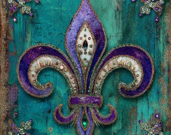 Mardi Gras Fleur de Lis Sign: Jeweled Carnival Decor, New Orleans Wall Art