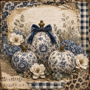 May include: Three decorative pumpkins featuring a blue and white floral pattern, accented with a dark blue velvet bow on the center pumpkin. The arrangement includes white flowers, blue hydrangea clusters, and a background of vintage script and music notes.