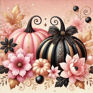 May include: A decorative autumn-themed arrangement featuring two pumpkins and floral accents. One pumpkin is pink with gold stripes, the other is black with gold stripes and a bow. Pink and black flowers, gold leaves, and ornaments complete the design.