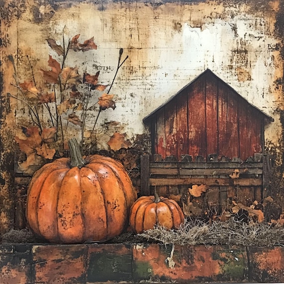 Pumpkins and Red Barn Fall Sign, 10x10 Aluminum Rustic Autumn Wall Art, Vintage Farmhouse Pumpkin Patch Decor, Country Harvest Print