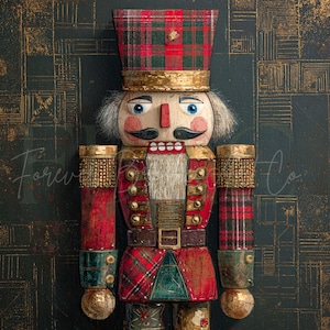 May include: A wooden nutcracker figurine with a red, green, and black plaid hat and uniform. The nutcracker has a white beard and hair, blue eyes, and a black mustache. The background is a dark, textured surface with gold accents. A festive holiday decoration.
