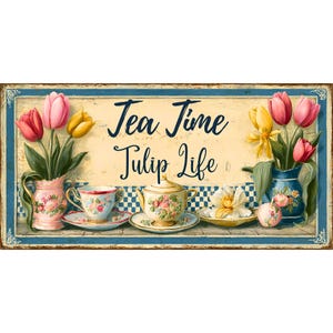 May include: A decorative sign with the words "Tea Time Tulip Life" in script. The sign features a tea set, tulips in vases, and a blue and white checkered background. The color palette includes pink, yellow, and blue.