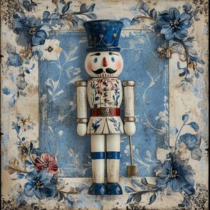 May include: A vintage-style nutcracker figurine with a blue hat, white and blue uniform, and red accents. The figurine is standing on a blue and white patterned background.