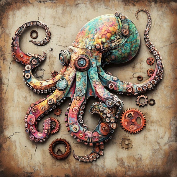 Steampunk Octopus Metal Sign, Mechanical Kraken Wall Art, Vintage Nautical Decor, 10x10 Aluminum Sign, Industrial Sea Creature Aesthetic