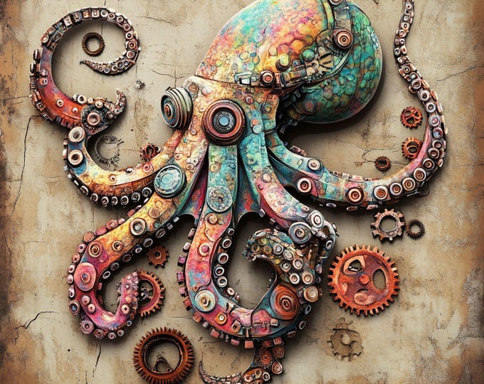 Steampunk Octopus Metal Sign, Mechanical Kraken Wall Art, Vintage Nautical Decor, 10x10 Aluminum Sign, Industrial Sea Creature Aesthetic