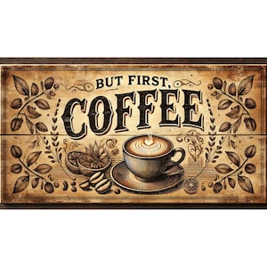 Vintage Style &#39;But First, Coffee&#39; Aluminum Sign – Rustic Coffee Bar Wall Decor, 6x12 Metal Kitchen Plaque, Gift for Coffee Lovers