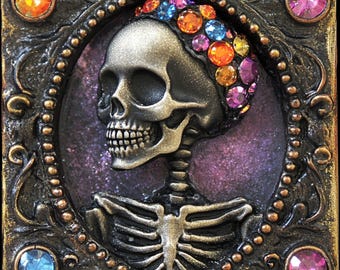 Gothic Jeweled Skull Wall Art, 10x10 Halloween Skeleton Sign, Creepy Cute Home Decor, Spooky Skeleton Wall Plaque, Gothic Halloween Decor