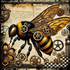 May include: Steampunk-style illustration of a bee with gears and clockwork elements. The bee features yellow and black stripes, with intricate mechanical wings and legs. The background has a vintage, aged paper texture with additional gears and a flower.