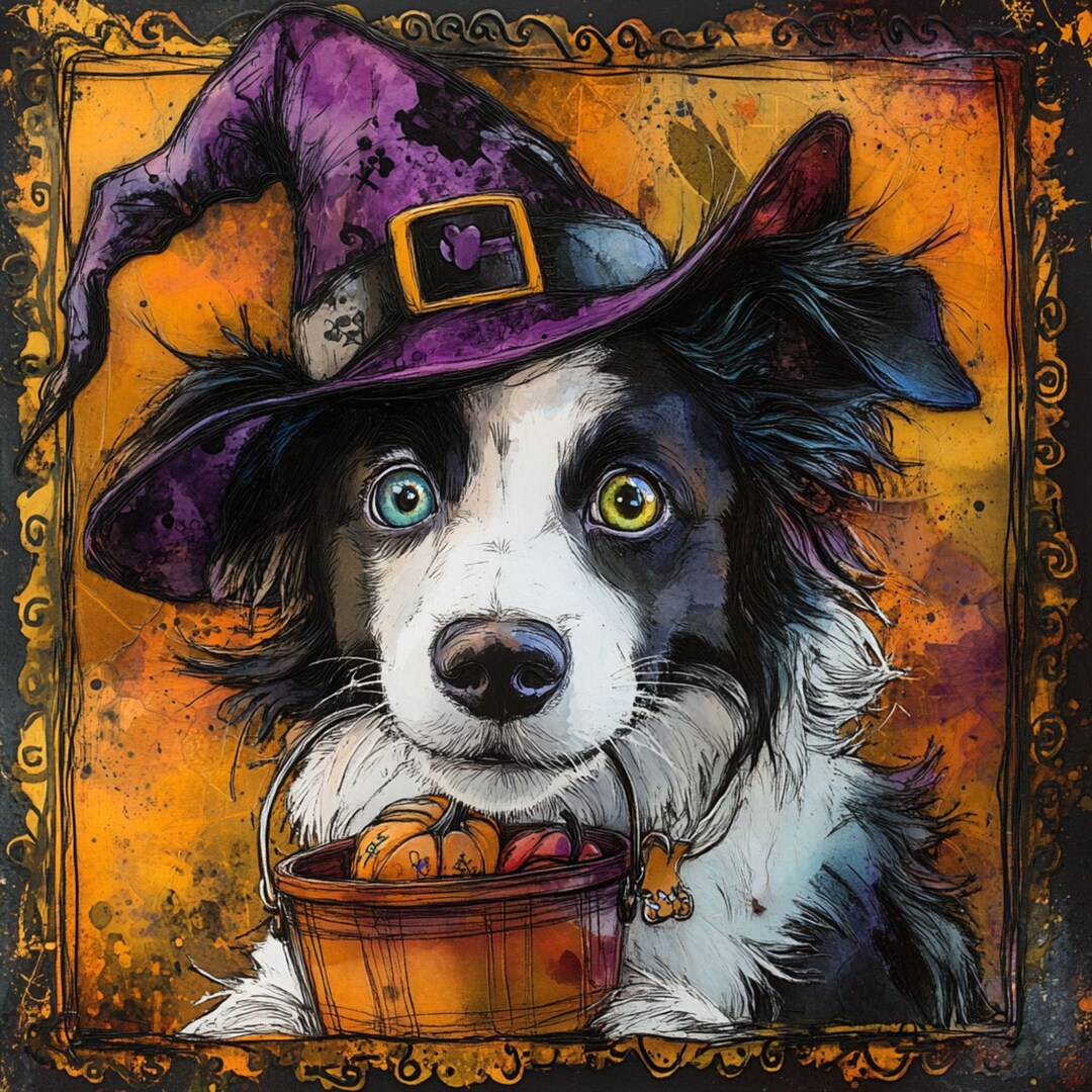 Halloween Dog Wall Art – 10x10 Metal Sign With Witch Hat Border Collie ...