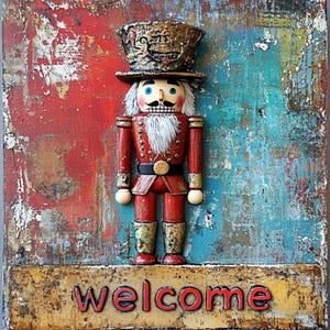Nutcracker Welcome Sign, Christmas Door Sign, 10x10 Aluminum Holiday Decor, Rustic Vintage Wall Art, Nutcracker Front Porch Sign