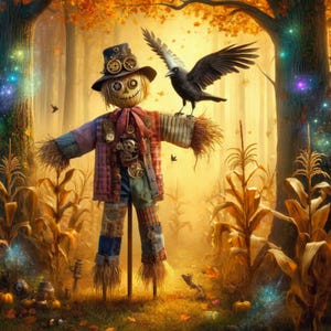 May include: A whimsical scarecrow stands in a sunlit autumn forest, adorned with a steampunk-inspired hat and mechanical details. A black crow perches on its arm. The scene is filled with corn stalks and falling leaves, evoking a harvest theme.