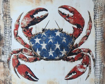 Patriotic Crab Wall Art 10x10, Rustic Coastal Aluminum Sign, Beach House Decor, Nautical Wall Art, 4th of July Crab Sign USA
