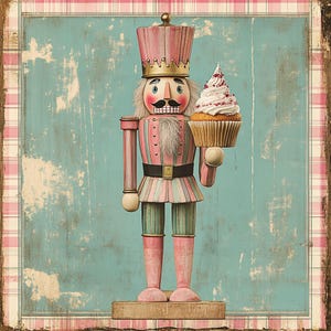 May include: A pink and white wooden nutcracker holding a cupcake with white frosting and red sprinkles. The nutcracker is wearing a pink hat with a gold crown and has a white beard.