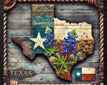 Rustic Texas State Aluminum Sign – Bluebonnet Wall Art with Lone Star Flag for Farmhouse Décor, Western Gift Idea